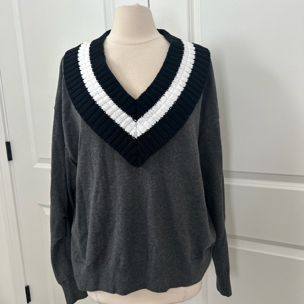 PLANET by Lauren G One Size Gray Sweater with Chunky Trim V Neck